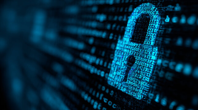 Digital padlock icon representing cybersecurity protection, glowing blue binary code background Data privacy concept, internet safety, network encryption, secure information technology, virtual system