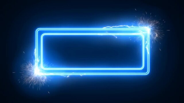 Slow motion close up of neon electric sparks tracing rectangular frame on dark studio background with luminescent blue energy traveling along edges