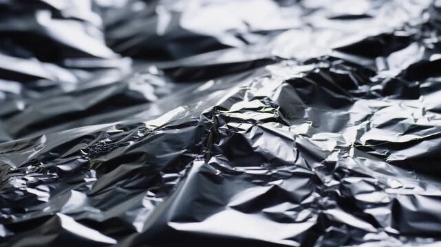 Tracking shot of crumpled metallic foil surface shifting and reflecting light across tabletop studio interior close up with shallow depth of field