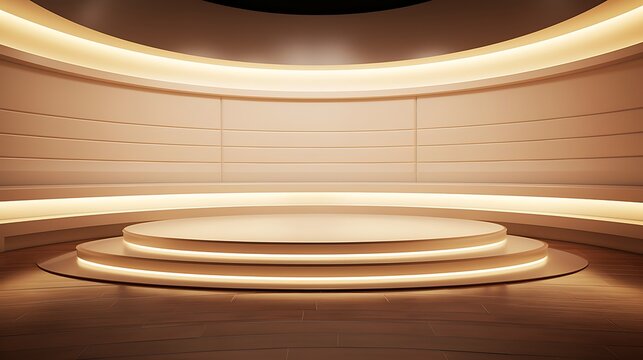 Modern empty room with illuminated circular platform and sleek interior design
