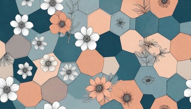 Seamless pattern with hexagons and flowers. Hand drawn illustration, created with generative ai 