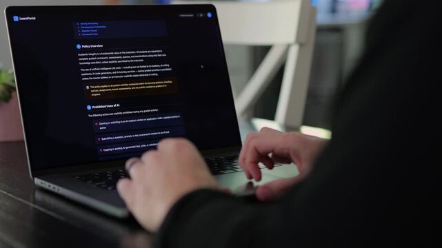 Older male university student receives alert warning notification for violating academic integrity policies by using AI chatbot for assignment concept