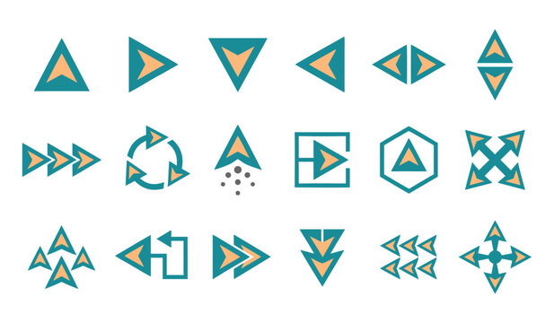 Set of directional arrow and navigation icons with navigation direction movement backward circular previous