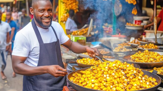 Street vendor grills corn over charcoal fire in Nairobi during the evening Generative AI