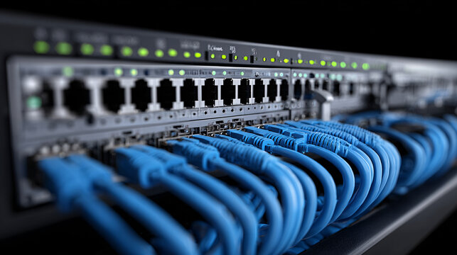 Network switch with blue ethernet cables connected in server room, blinking green status lights Data center infrastructure, high speed internet connection, cloud computing, IT technology, connectivity
