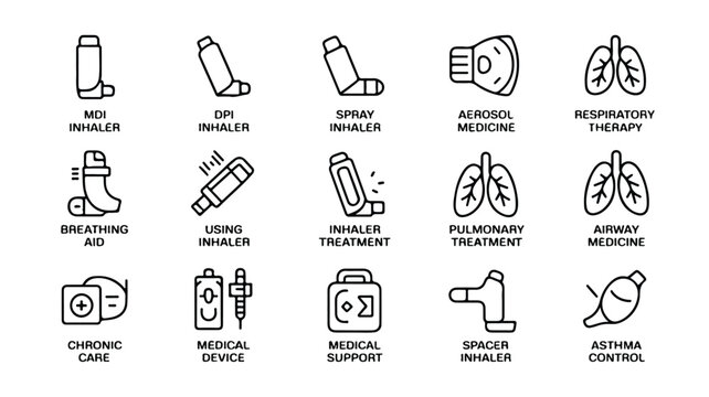 black and white line icons of various inhalers and respiratory health related items on white background