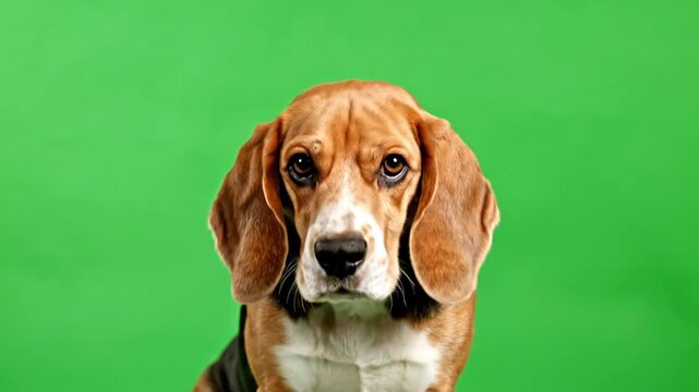 A cute beagle dog sits in front of a green screen video background.