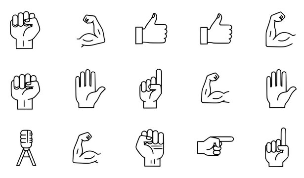 Hand Gesture Icon Set with Fist Strength Thumbs Up Pointing Finger Open Palm Flexed Arm and Communication Symbols for Human Interaction and Design