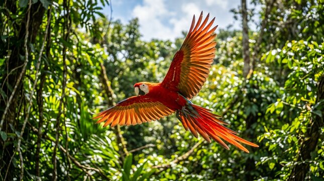 Scarlet macaw mid flight, wings fully open, vibrant feathers glowing in sunlight, Amazon rainforest
