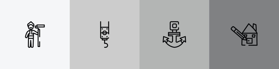 Obraz premium hand drawn construction outline icon set featuring man painting, pulley hook, anchor navigational tool, pencil and house draw icons.