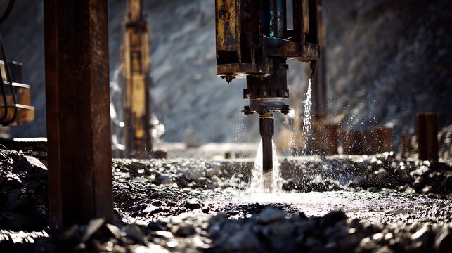 Construction site featuring high tech unbranded hydraulic drilling equipment installing deep foundation micro pile into rocky terrain High pressure water slurry visible drill entry point Industrial