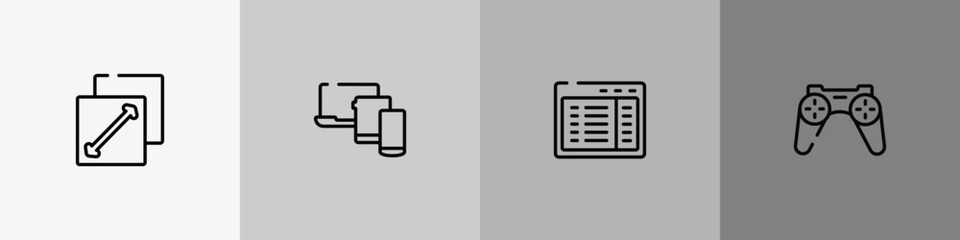computer devices outline icon set featuring fit screen, three devices connected, program interface, wireles gamepad icons. © VectorStockDesign