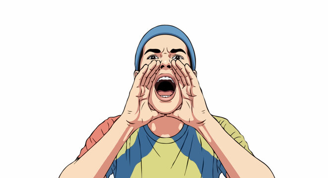A young person with a determined expression shouts loudly, cupping their hands around their mouth. They are wearing a blue cap and a colorful t-shirt