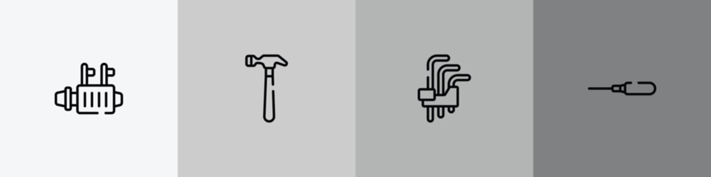 construction outline icon set featuring starter, hammering, hex key, autoloader icons.