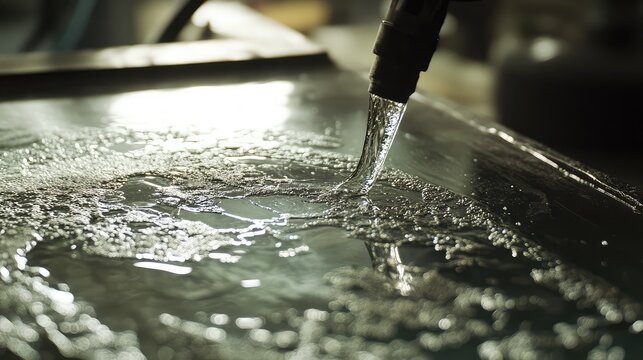 Water jet stream carving a metallic surface, creating ripples and splashes during an industrial process, highlighting precision and modern manufacturing