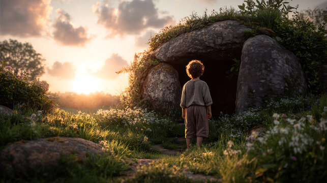 A child looks at an empty stone tomb at dawn, his face filled with amazement and surprise.