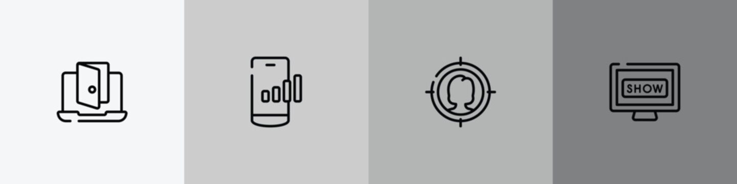 television outline icon set featuring backdoor, mobile network, target audience, tv show icons.