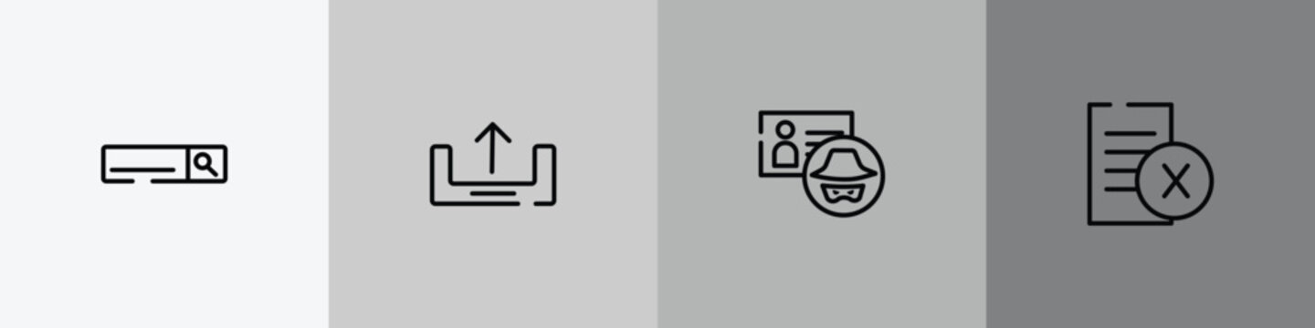 cloud service outline icon set featuring search bar, uploading, identity theft, delete file icons.