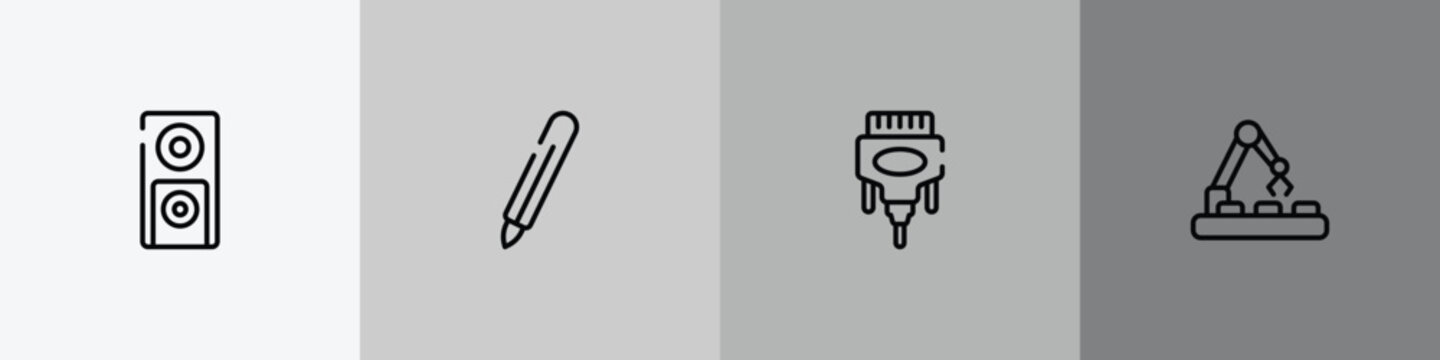 ai for earth outline icon set featuring dvd player, digital pen, dvi, conveyor belt icons.