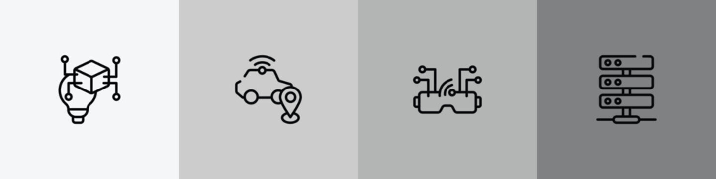 network architecture outline icon set featuring invention, safe driving, vr goggles, hosting server icons.