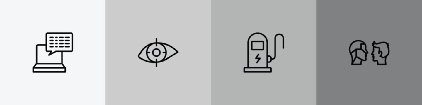 artificial intelligence outline icon set featuring subtitles, retinal scan, electric station, turing test icons.