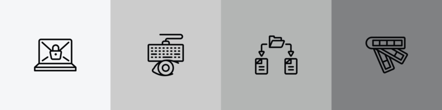 web development outline icon set featuring ransomware, keylogger, file sharing, color scheme icons.
