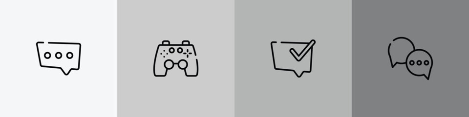 Obraz premium chatting outline icon set featuring three dots ellipsis, ps4 gamepad, speech bubble with check, round chat bubbles icons.