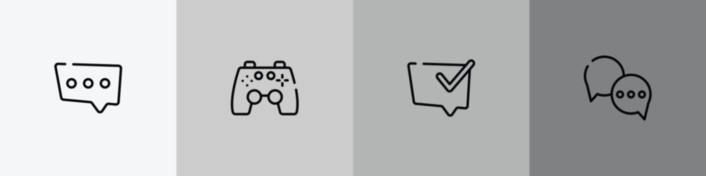 chatting outline icon set featuring three dots ellipsis, ps4 gamepad, speech bubble with check, round chat bubbles icons.