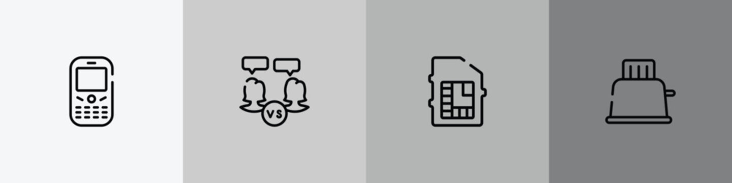 internet of things outline icon set featuring phone auricular and buttons, battle, phone chip, toaster icons.