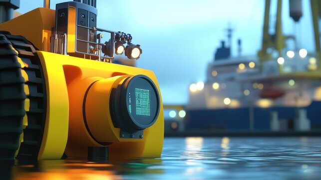 Yellow autonomous marine robot hovering above the water surface, displaying digital information on its front screen, with a blurred ship in the background focusing on marine research and exploration