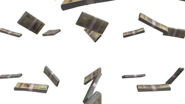 Fiji Money, Fijian Dollar Banknotes Falling, FJD Currency Stacks, White Background, 4K
