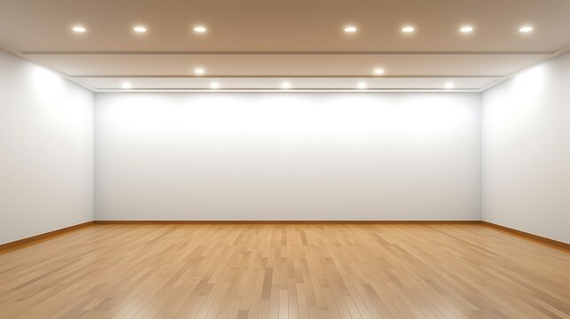 Minimalist empty room with wooden floor and recessed lighting