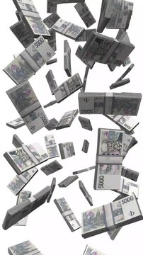 Vertical Czech Republic Money, Falling Czech Koruna Bills, Cash Stacks Isolated on White, 4K