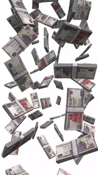 Vertical Egypt Money, Falling Egyptian Pound Bills, Cash Stacks Isolated on White, 4K
