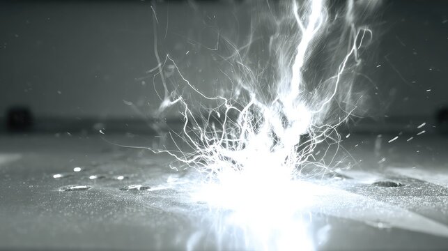 Powerful electrical discharge creating a bright flash and intricate static energy patterns, impacting a grey metal surface with erupting sparks and intense light