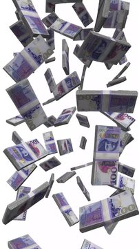 Vertical Georgia Money, Falling Georgian Lari Bills, Cash Stacks Isolated on White, 4K