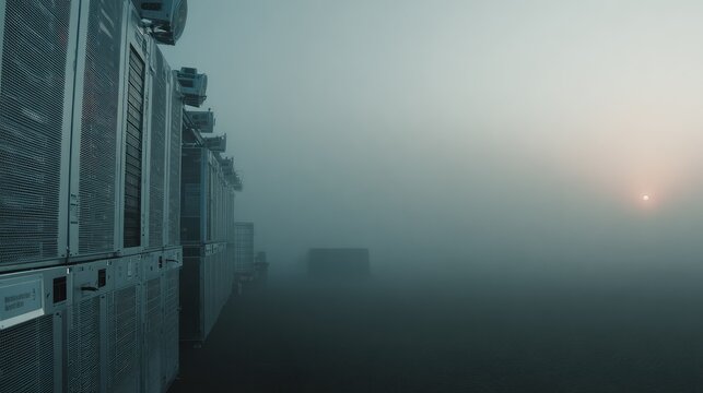 Data center infrastructure with rows of servers and cooling units disappearing into thick fog under a subtle futuristic sunrise, depicting themes of connectivity and isolation