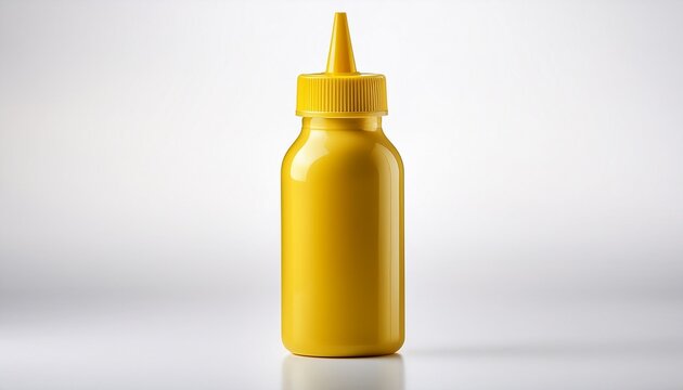 a realistic yellow mustard squeeze bottle with a pointed nozzle and loop cap isolated on a clean white background
