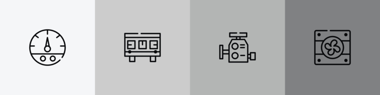 car parts outline icon set featuring car fuel gauge, car cylinder head, carburettor, fan icons.