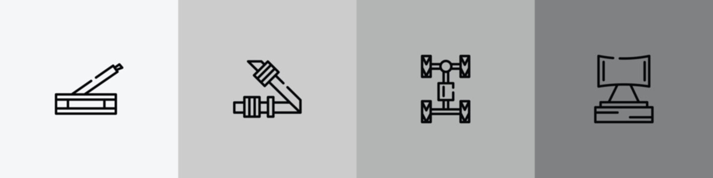 car parts outline icon set featuring car handbrake, car seat belt or safety belt, axle, headrest icons.