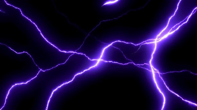 Static shot of purple electric arcs intensifying and branching across black background with spreading lightning energy