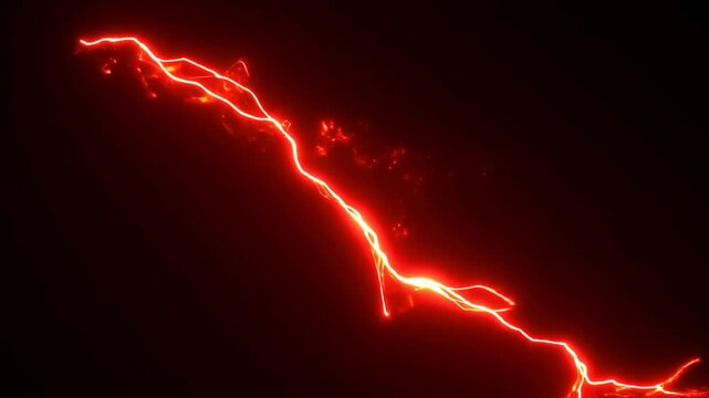 Tracking pan of red glowing lightning streak moving and twisting across black void background close up abstract electric arc and plasma filament motion