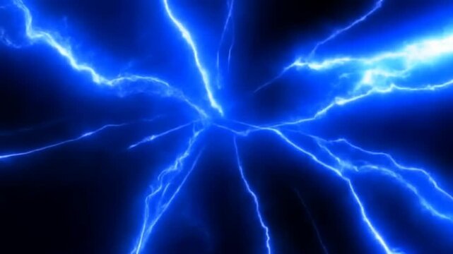Slow motion static shot of blue electric arcs and bolts radiating and pulsing from central point against black void background, glowing plasma energy