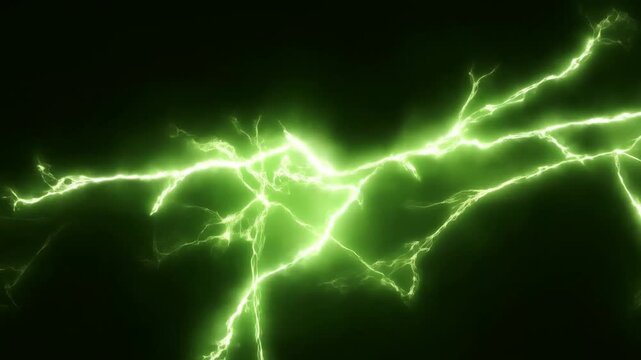 Slow tracking pan of green electric lightning arcs spreading and branching across dark void background in studio visual effects animation