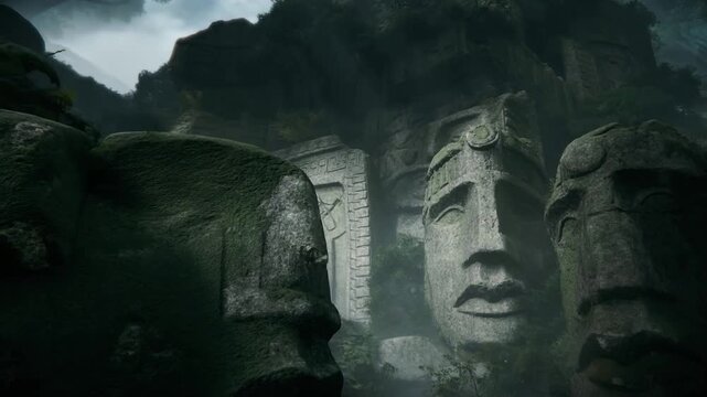Tracking slow dolly of ancient carved stone faces emerging from overgrown jungle ruins on misty mountain cliff with moss covered monumental heads and temple portal in fog