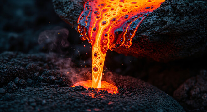 Molten lava flowing over black volcanic rock formations creating intense liquid fire textures with bright glowing embers.