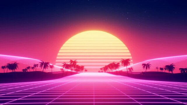 Tracking shot of neon grid road moving forward toward oversized striped sun with palm silhouettes in retro synthwave coastal landscape at sunset