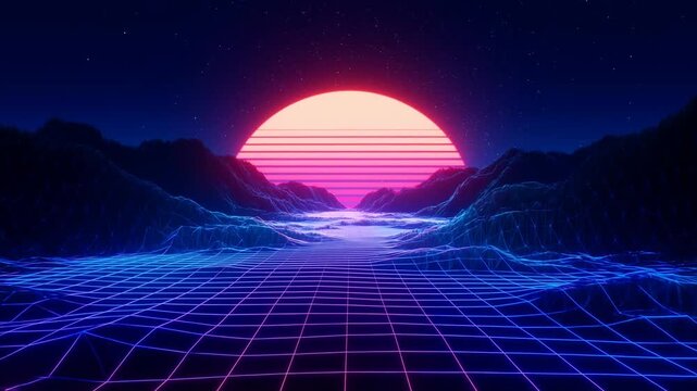 Tracking dolly forward of neon wire frame grid landscape with oversized striped sun setting behind virtual mountains on digital horizon in retro synth wave