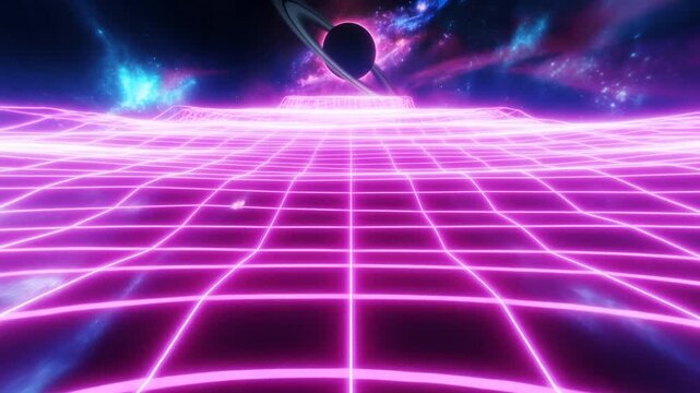 Tracking shot of neon wireframe grid advancing toward ringed planet over retro sci fi virtual landscape with glowing purple horizon