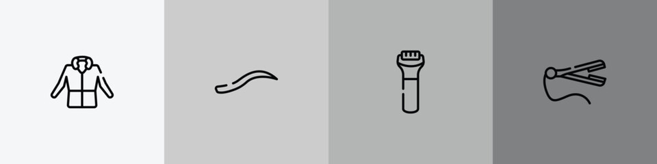 beauty outline icon set featuring parka, eyebrow, hair shaver, straightener icons. © VectorStockDesign